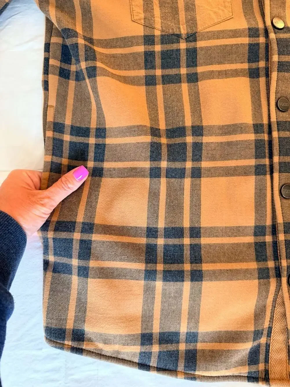 Vuori Fleece Lined Plaid Shacket Jacket Brown Black Snap Front Size L